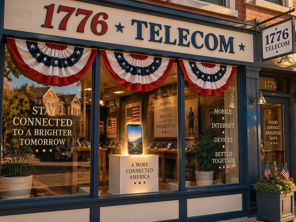 1776 Telecom storefront with patriotic bunting and a glowing phone in the window